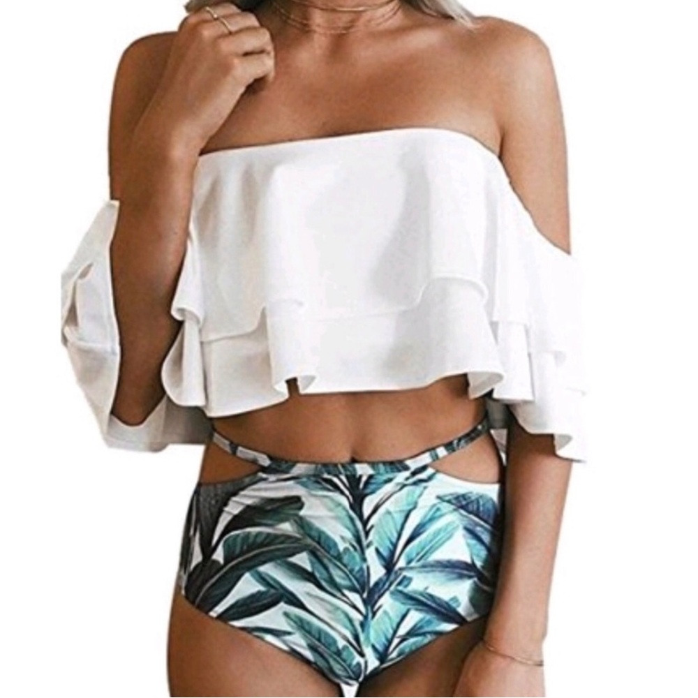 NWT White Ruffled Off Shoulder Crop & Tropical Print High Waist Bikini
